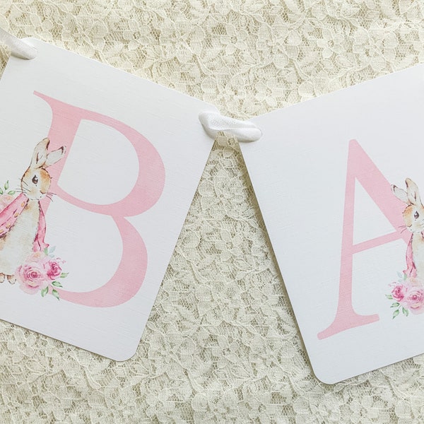 Peter Rabbit Baby Shower Banners for Girls-Personalized Banners Signs-Pink Peter Rabbit Banner-Flopsy Banner