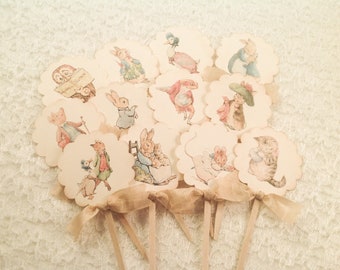 Peter Rabbit Beatrix Potter Cupcake Pick Topper-Baby Shower Birthday Decorations Cake Toppers Picks-Set of 12