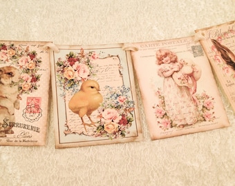 French Style Easter Banner-Shabby Chic Floral Easter Banner, Pink Rose Bunny Chic Banner