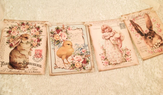 French Style Easter Banner-Shabby Chic Floral Easter Banner, Pink Rose Bunny Chic Banner