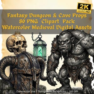 Fantasy Dungeon Clipart Pack | 80 Watercolor Medieval Props, Creatures (Digital Assets)