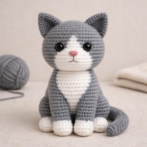 May include: A handmade crochet cat in gray and white, with a pink nose and large black eyes. The cat is sitting upright, showcasing its white chest and paws. A ball of gray yarn is visible in the background.
