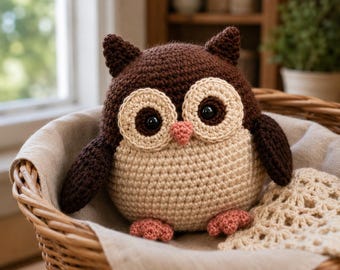 Wzór na szydełkową sówkę amigurumi w formacie PDF, uroczy samouczek robienia na szydełku pluszowej sowy, ręcznie robiony wzór na zabawkę leśnego ptaka, łatwy wzór amigurumi w formacie PDF