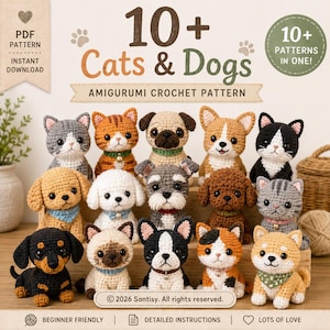 Op de afbeelding: Een verzameling gehaakte amigurumi katten en honden. De afbeelding toont verschillende rassen en patronen, waaronder een teckel, een mopshond en een tijgerkat. De tekst luidt "10+ Cats & Dogs Amigurumi Crochet Pattern".