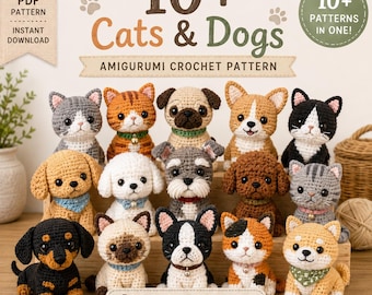 Zestaw ponad 10 wzorów szydełkowych na koty i psy, kolekcja amigurumi zwierząt w formacie PDF, zestaw wzorów szydełkowych na urocze szczeniaki i kocięta, zestaw pluszowych zwierząt