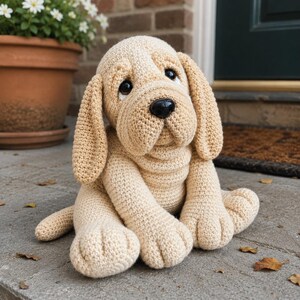 May include: A beige crochet dog toy with a black nose and dark eyes, sitting on a concrete surface. The handmade dog has long, floppy ears and is positioned in front of a door. The toy is made of soft yarn and has a sad expression.