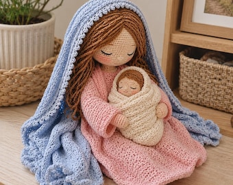 Wzór na szydełkową lalkę-matkę i dziecko w formacie PDF, wzór na szydełkowe amigurumi, lalka szydełkowa inspirowana Madonną, ręcznie robiony zestaw lalek inspirowany wiarą