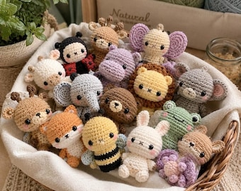Zestaw 15 w 1 wzorów na mini szydełkowe zwierzątka w formacie PDF, kolekcja uroczych zwierzątek amigurumi, zestaw pluszowych zwierzątek kawaii szydełkowych, wzory na małe zwierzątka szydełkowe