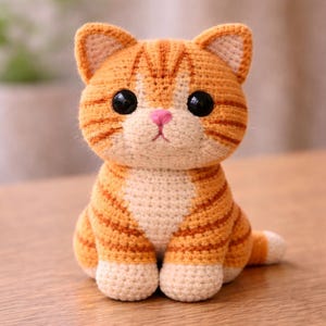 May include: A crocheted cat ornament in shades of orange and cream. The cat features black eyes, a pink nose, and orange stripes. It is sitting with its tail curled. A decorative item, the cat is handmade.