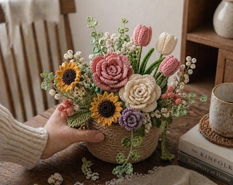 Gehäkelte Blumenstrauß Muster PDF - Sonnenblume Tulpe Rosen Arrangement, Amigurumi Blumenkorb, handgemachtes Wohndekor Geschenk Muster
