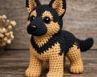Realistyczny wzór szydełkowy na owczarka niemieckiego amigurumi, samouczek wykonania realistycznego pluszowego szczeniaka, plik PDF z pluszowym zwierzątkiem DIY, wzór szydełkowy na psa