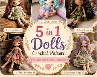 Zestaw wzorów na szydełkową lalkę 5 w 1 w formacie PDF, wzory na szydełkowe lalki amigurumi fantasy, kolekcja uroczych ręcznie robionych lalek, szydełkowe lalki wróżki
