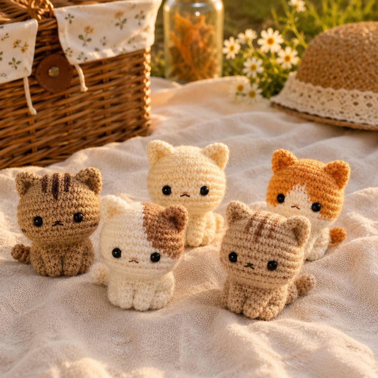Lot de 5 en 1 mini motif au crochet Amigurumi chat mignon PDF, motif au crochet peluche chaton mignon, ensemble de jouets pour chat kawaii, mini chats au crochet