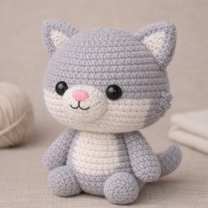 May include: A handmade crochet cat doll in gray and white. The cat has black safety eyes, a pink nose, and a smiling mouth. The ears are gray with white inner ears. The cat is sitting with its tail curled up.