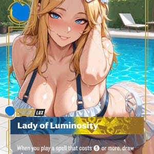Puede incluir: Ilustración de estilo anime de una mujer en traje de baño, con gafas de sol en forma de corazón y una flor en el pelo, posando junto a una piscina. La imagen incluye el texto "Lady of Luminosity".