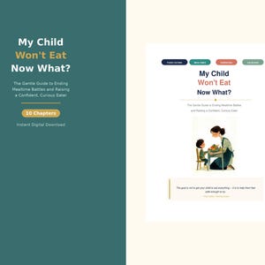 May include: A digital download cover with the title "My Child Won't Eat Now What?" in white and gold text on a teal background. The cover also includes the subtitle "The Gentle Guide to Ending Mealtime Battles and Raising a Confident, Curious Eater."