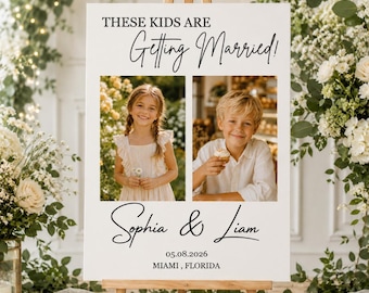 Cartel de bienvenida para bodas, expositor de fotos infantiles, editable en Canva (descarga digital)