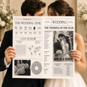 May include: A custom wedding newspaper programme titled The Wedding Time, featuring a black and white layout with a central photograph of a couple, a world map graphic, a maze, a word search, and text detailing the wedding party and ceremony.