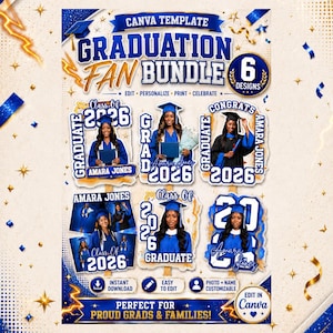 Puede incluir: Un conjunto de plantillas Canva para abanicos de graduación con seis diseños distintos en azul y dorado. Cada diseño incluye espacio para la foto del graduado, el texto Class of 2026 y el nombre Amara Jones, junto a iconos de descarga.