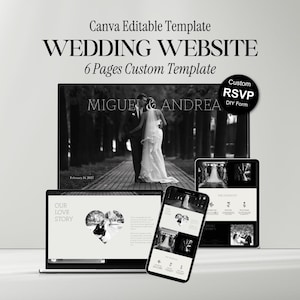 Może przedstawiać: Czarno-biały szablon strony internetowej ślubnej wyświetlany na laptopie, tablecie i smartfonie. Projekt zawiera zdjęcie pary, imiona "MIGUEL & ANDREA" oraz tekst "WEDDING WEBSITE". Wyświetlany jest również niestandardowy formularz RSVP.