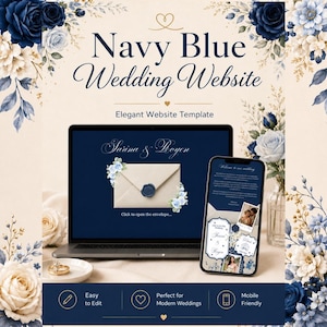 Navy Blue Wedding Website Template, Modern Canva Editable Invitation (Digital Download)
