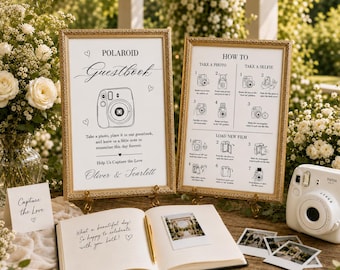 Libro de firmas para bodas con fotos Polaroid, instrucciones para Instax Mini 12, plantilla editable (descarga digital)