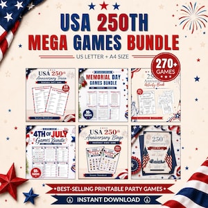 May include: A digital USA 250th Mega Games Bundle featuring printable trivia, bingo, and activity books. The collection includes over 270 games with red, white, and blue patriotic themes, US Letter and A4 sizing, and instant download options.