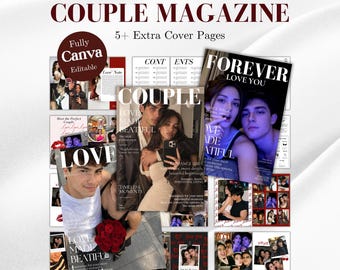 Plantilla de revista para parejas, regalo personalizado de aniversario y compromiso, libro de historia de amor para parejas, editable en Canva.