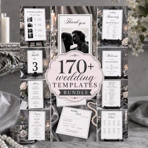 May include: A selection of wedding templates, including table numbers, menus, and itineraries. The central image shows a couple kissing, with the text "170+ wedding templates bundle". The color scheme is predominantly black, white, and grey.