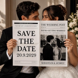 May include: A couple holds a newspaper-style announcement with the headline "SAVE THE DATE" and the date "20.9.2029." The right side of the announcement reads "THE WEDDING POST" and features a photo of the couple kissing. The announcement is for the wedding of Sebastian & Audrey.