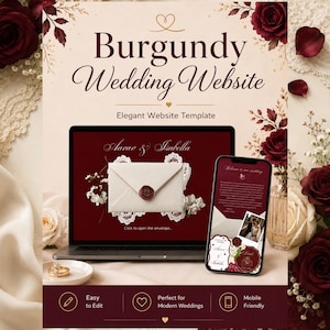 May include: A digital wedding website template featuring a laptop and smartphone displaying a burgundy theme with white lace accents, a wax-sealed envelope graphic, and the names Aarav & Isabella, surrounded by deep red roses and white floral sprigs.