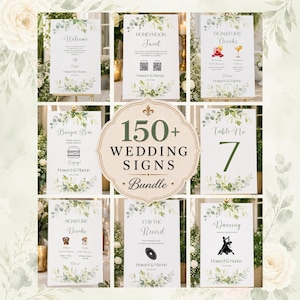 May include: A collection of wedding signs featuring white backgrounds with green eucalyptus leaf illustrations. The central sign displays the text 150+ WEDDING SIGNS Bundle. Other signs include text for Welcome, Honeymoon Fund, Signature Drinks, Burger Bar, Table No 7, For The Record, and Dancing.