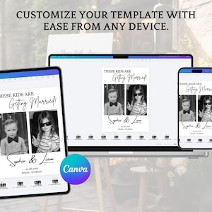Puede incluir: Una plantilla digital de boda que se muestra en una tableta, un port&aacute;til y un smartphone. La plantilla presenta dos fotos en blanco y negro de ni&ntilde;os, con el texto "THESE KIDS ARE Getting Married!" y los nombres "Sophia & Liam". El logotipo de Canva es visible.