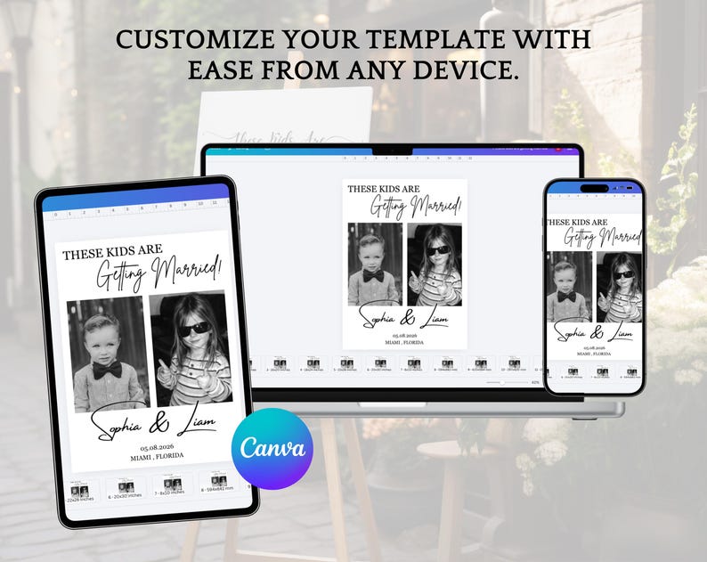 Puede incluir: Una plantilla digital de boda que se muestra en una tableta, un port&aacute;til y un smartphone. La plantilla presenta dos fotos en blanco y negro de ni&ntilde;os, con el texto "THESE KIDS ARE Getting Married!" y los nombres "Sophia & Liam". El logotipo de Canva es visible.