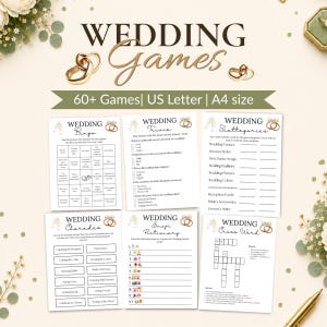 May include: A collection of wedding games, including Bingo, Trivia, Scattergories, Charades, Emoji Pictionary, and a Crossword. The design features gold wedding rings and floral accents, with text that reads "WEDDING Games" and "60+ Games | US Letter | A4 size."