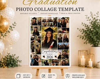 Può includere: Un modello di collage fotografico per lauree su un cavalletto in legno con diverse immagini di laureati in toga e tocco. Il testo recita Graduation PHOTO COLLAGE TEMPLATE, Congratulations CLASS OF 2026, e include icone di tocchi accademici.