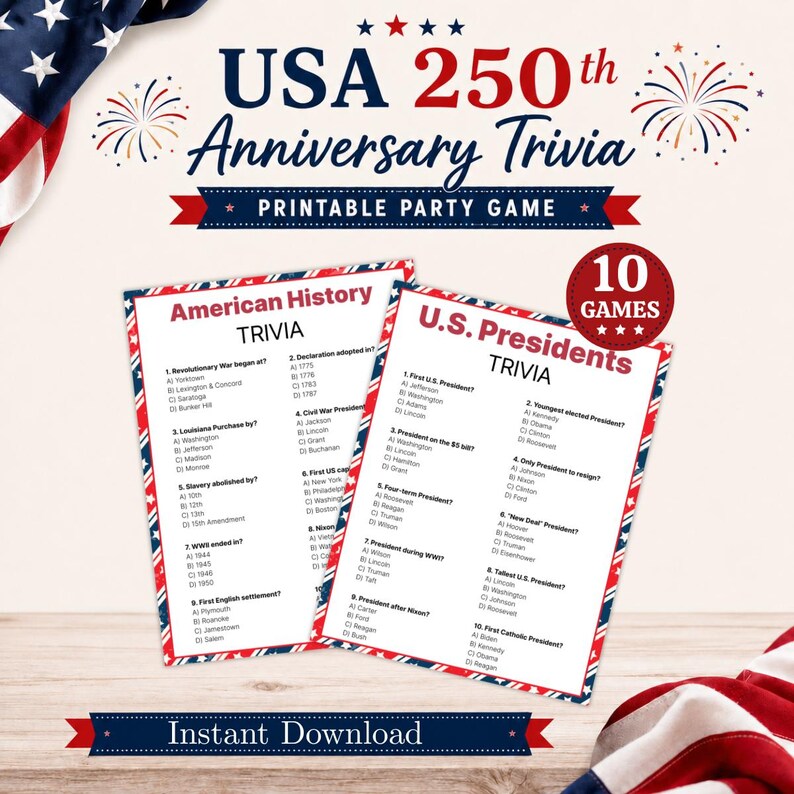 USA 250th Anniversary Trivia Game, Patriotic American History Quiz ...