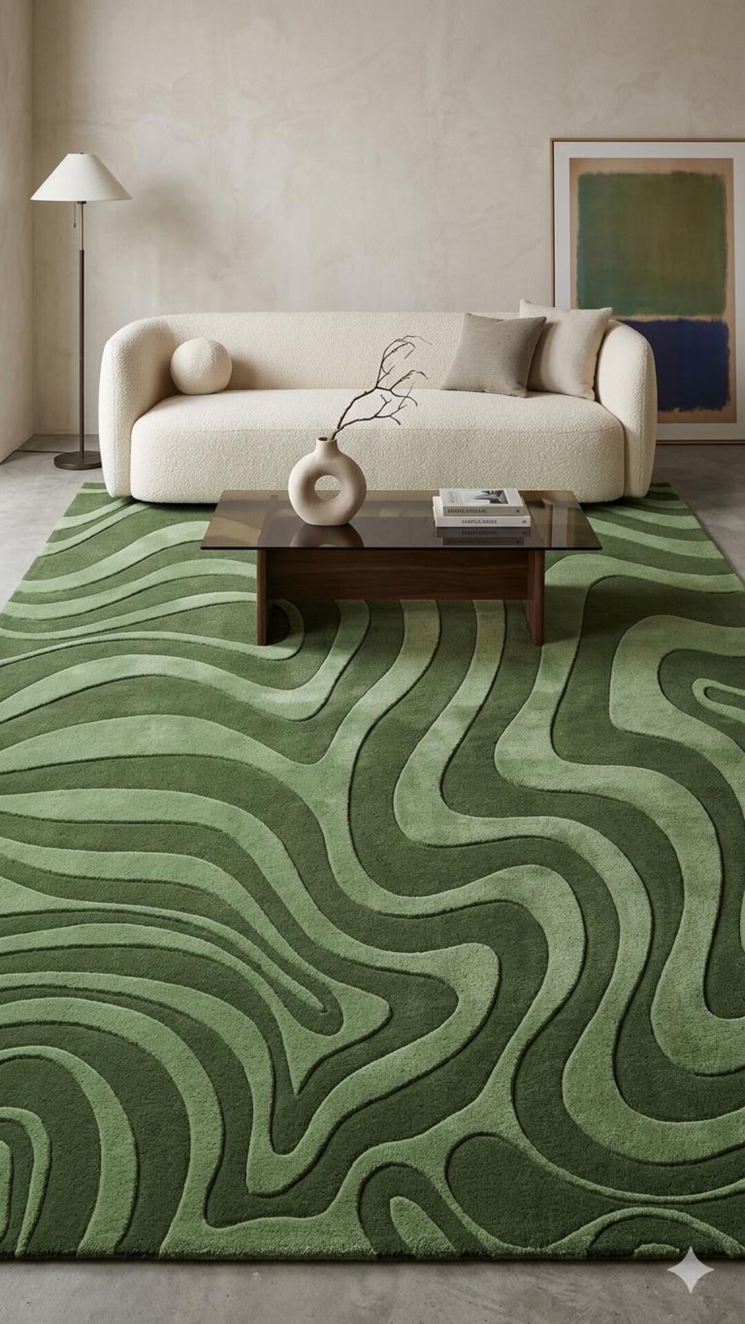 Green Abstract Wavy Hand Tufted Area Rug, Scandinavian Minimalist ...
