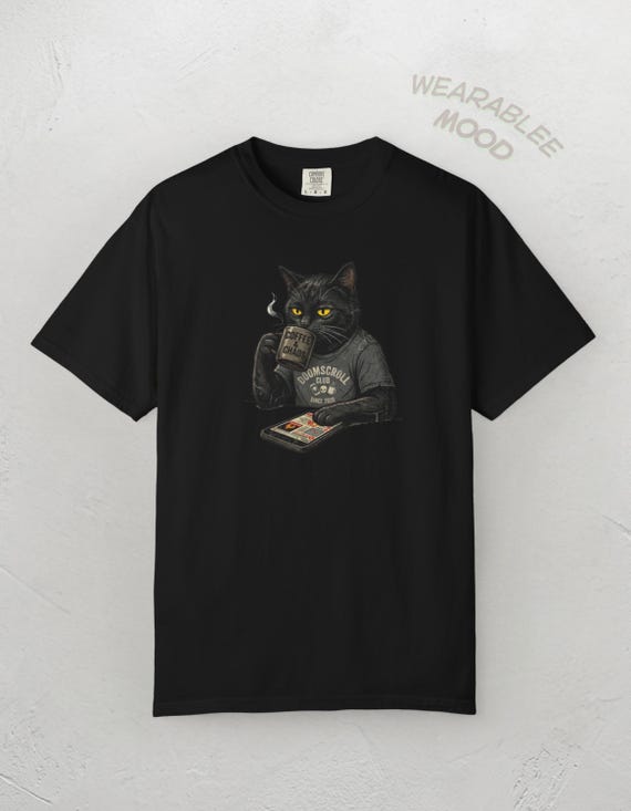 Sarcastic Cat Tee, Doomscrolling Coffee Chaos Shirt, Retro Graphic Introvert Clothing