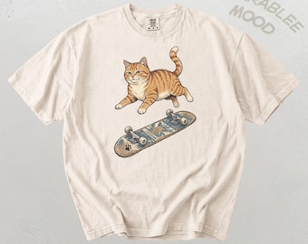 Skater Cat Shirt, Chubby Tabby Orange Cat, Retro Streetwear Tee, 100% US Cotton