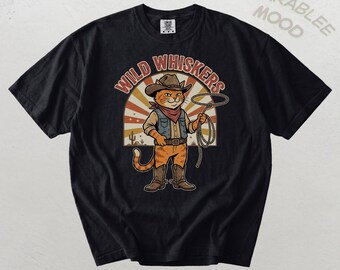 Wild Whiskers Cowboy Cat T-Shirt | Retro Western Cat Illustration