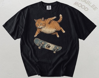 Funny Skateboarding Cat Shirt, Retro 90s Orange Tabby Graphic Tee
