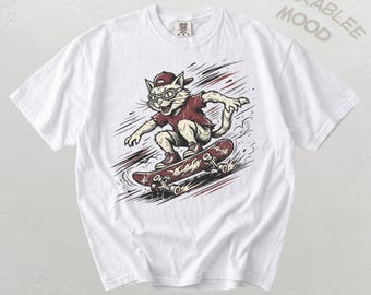 Skater Cat Shirt, Vintage 90s Graphic Tee, Retro Streetwear Clothing