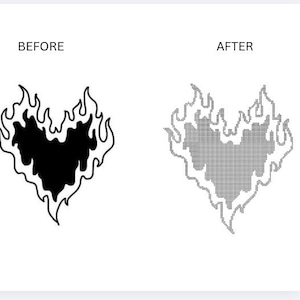 May include: A graphic showing a heart-shaped flame design. The left side displays a solid black flame, labeled "BEFORE." The right side shows the same design, but rendered in a dotted pattern, labeled "AFTER."