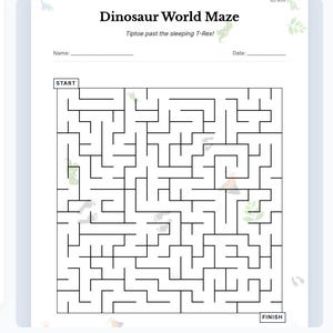 Könnte beinhalten: Ein weißes Aktivitätsblatt mit einem schwarz-weißen Dinosaurier-Labyrinth. Der Titel "Dinosaur World Maze" steht oben, darunter der Text "Tiptoe past the sleeping T-Rex!". Das Labyrinth hat eine "Start"- und "Finish"-Markierung.