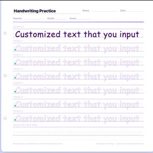 Puede incluir: Una hoja de práctica de escritura a mano con el título "Handwriting Practice". La hoja presenta líneas para trazar y escribir el texto "Customized text that you input". El papel es blanco con líneas moradas y un borde morado.