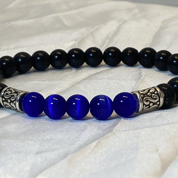 Stretch Bracelet Blue Cat Eye and Black Stone Beads Silver Accents 8" Handmade