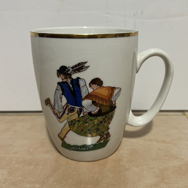 Vintage Karolina Polish Goralski Folk Dancers Gold Trim Mug Cup - Made in Poland