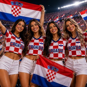 May include: Four individuals wearing red and white checkered crop tops with the word CROATIA printed on the front, paired with white denim shorts. They are holding large Croatian flags with red, white, and blue horizontal stripes and a central crest.