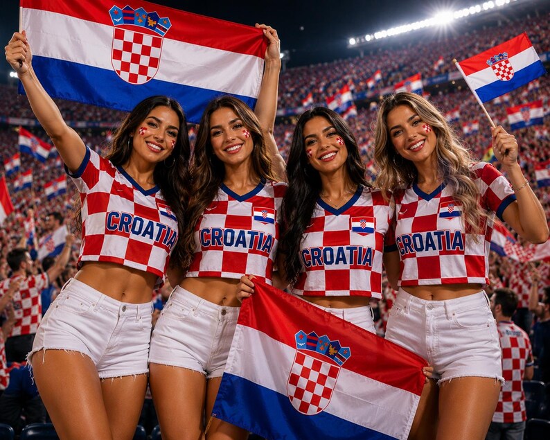 May include: Four individuals wearing red and white checkered crop tops with the word CROATIA printed on the front, paired with white denim shorts. They are holding large Croatian flags with red, white, and blue horizontal stripes and a central crest.